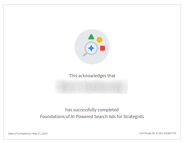 Image of a certificate about Google ads.